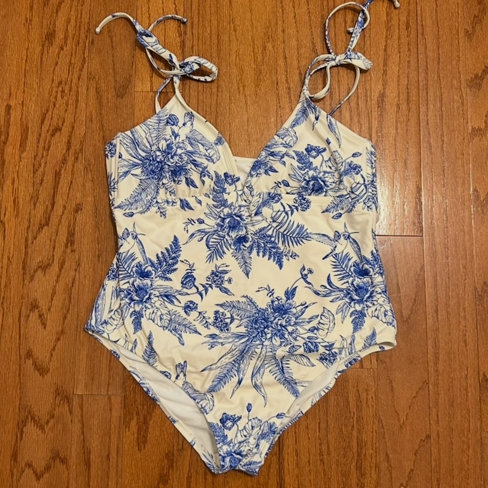 Kona Sol Blue Floral Toile One Piece Swimsuit Tie Strap XL Summer Beach - Picture 2 of 7